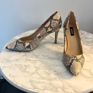 DKNY Snake-Print Pointed Toe Pumps in Black and Cream